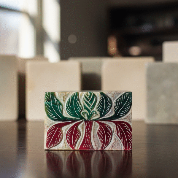 Handcrafted Marble Soapstone Leaf Pattern Jewelry Box Handmade 3x2 Inch