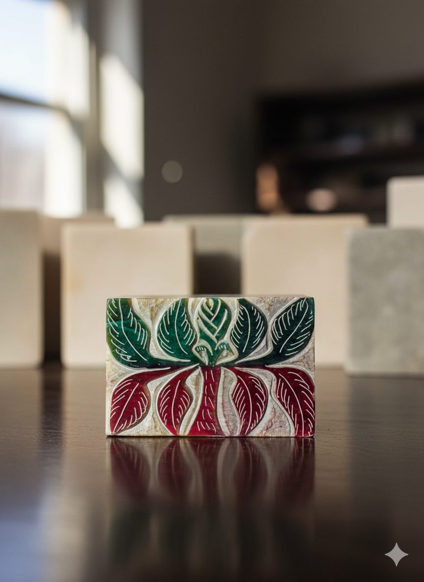 Handcrafted Marble Soapstone Leaf Pattern Jewelry Box Handmade 3x2 Inch