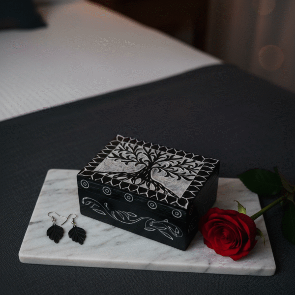 Black Marble Soapstone Jewelry Box Handcrafted Life Of Tree Design 4x3 Inch Box