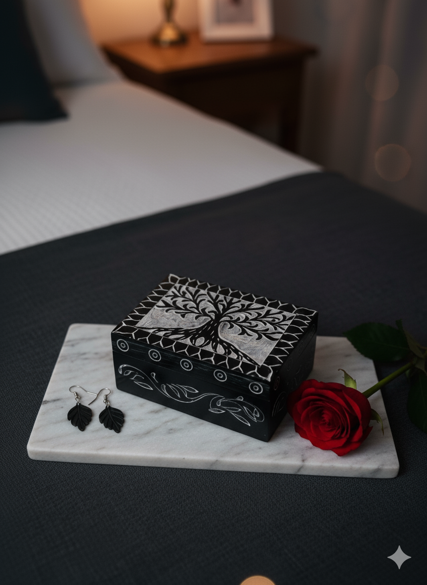 Black Marble Soapstone Jewelry Box Handcrafted Life Of Tree Design 4x3 Inch Box