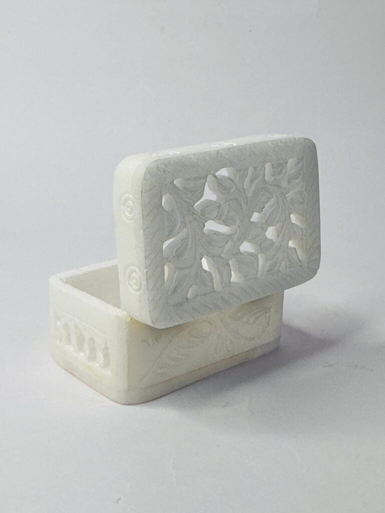 Pure White Marble Handcrafted Ring Jewelry Box Carving Design 3x2 Inch - image 5
