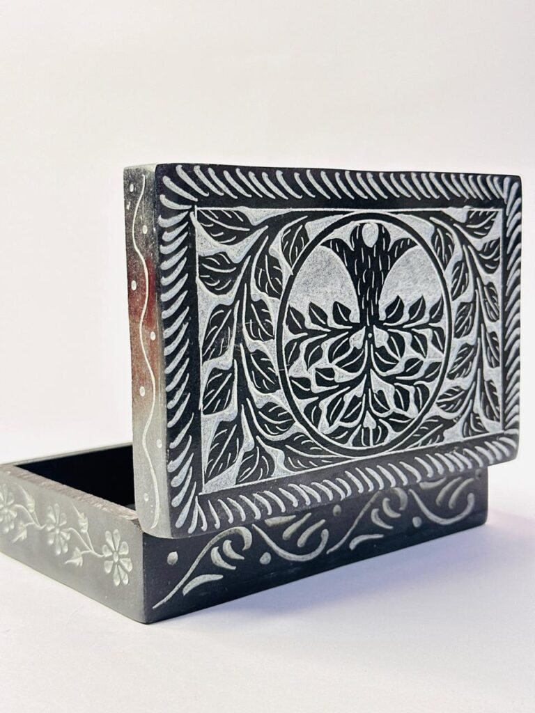 Marble Black Soapstone Jewelry Box Unique Design Rectangle Shape 6x4 Inch - image 5
