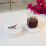 Luxury Marble Coaster Set with Songbird Design & Brass Inlay | Home Decor thumbnail