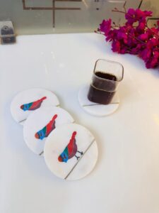 Luxury Marble Coaster Set with Songbird Design & Brass Inlay | Home Decor