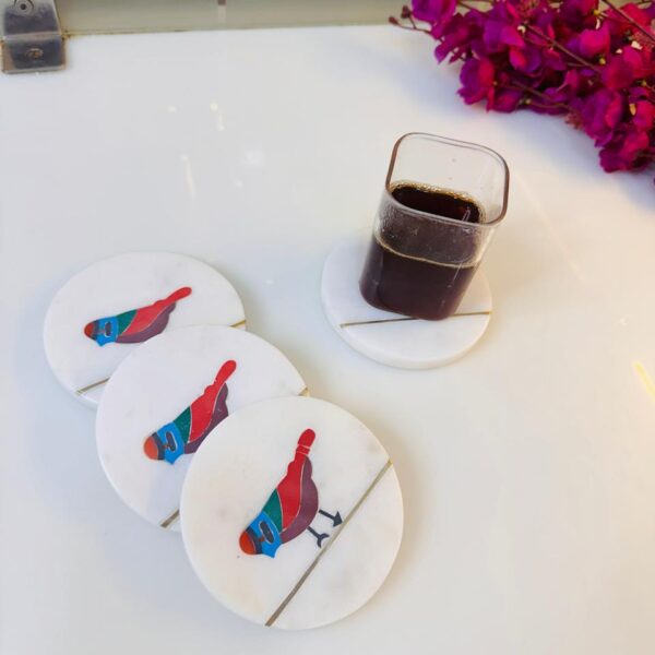 Luxury Marble Coaster Set with Songbird Design & Brass Inlay | Home Decor