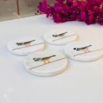 White Marble Coaster Set with Colorful Bird Design & Gold Inlay | Handmade Decor thumbnail