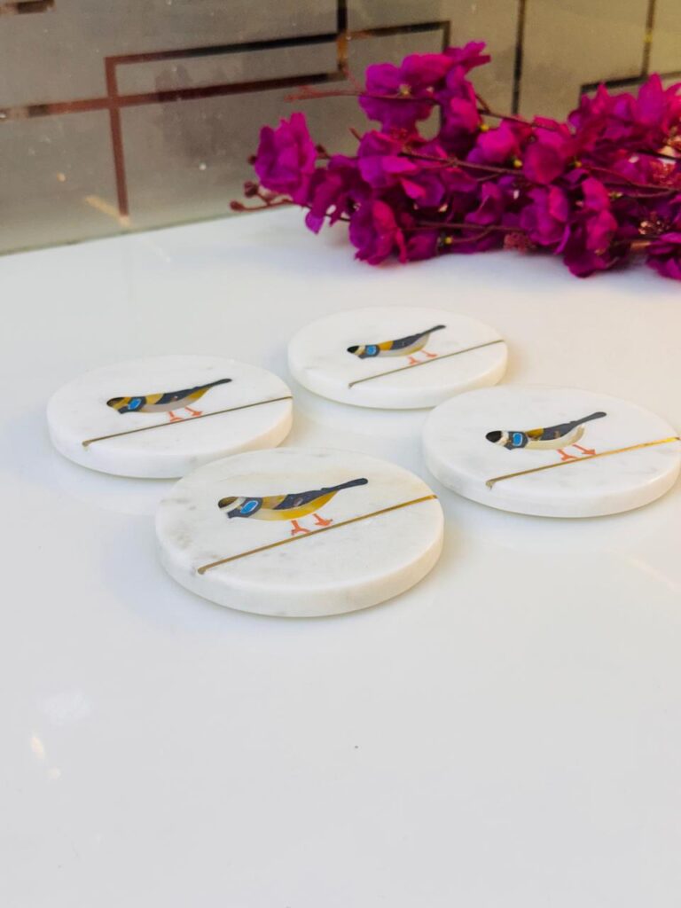 White Marble Coaster Set with Colorful Bird Design & Gold Inlay | Handmade Decor - image 2