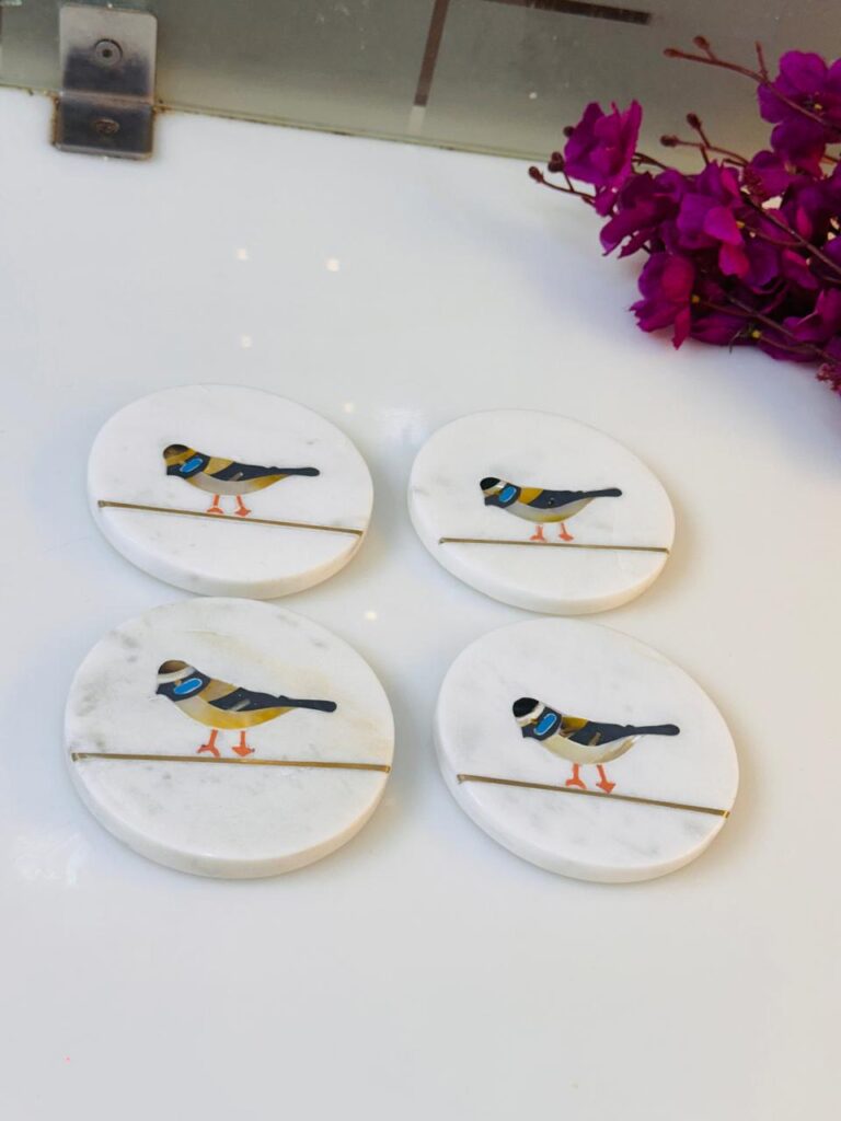 White Marble Coaster Set with Colorful Bird Design & Gold Inlay | Handmade Decor - image 3
