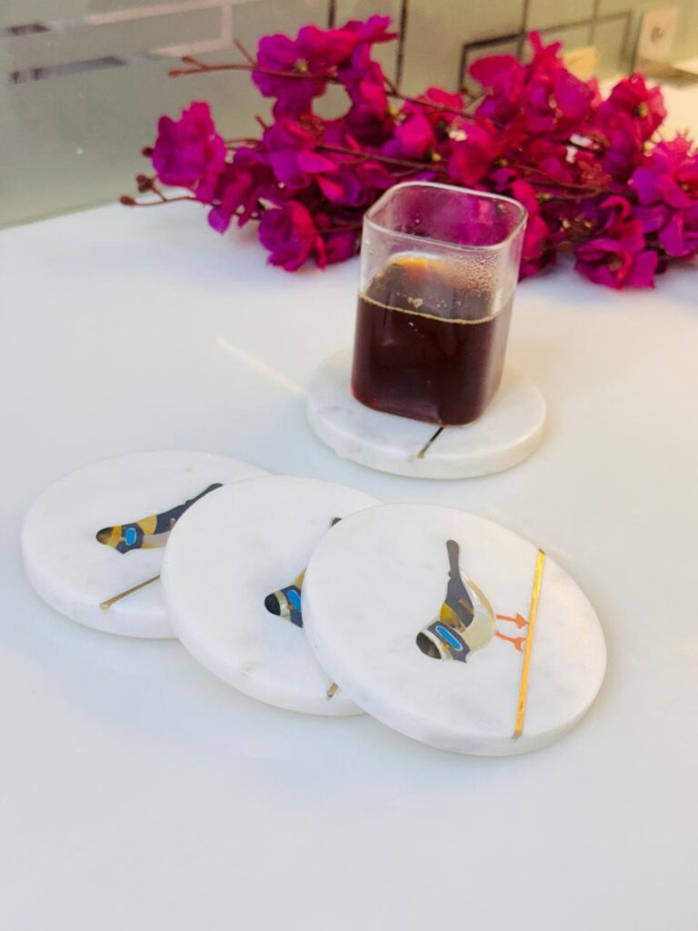 White Marble Coaster Set with Colorful Bird Design & Gold Inlay | Handmade Decor - image 6