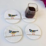 White Marble Coaster Set with Colorful Bird Design & Gold Inlay | Handmade Decor thumbnail