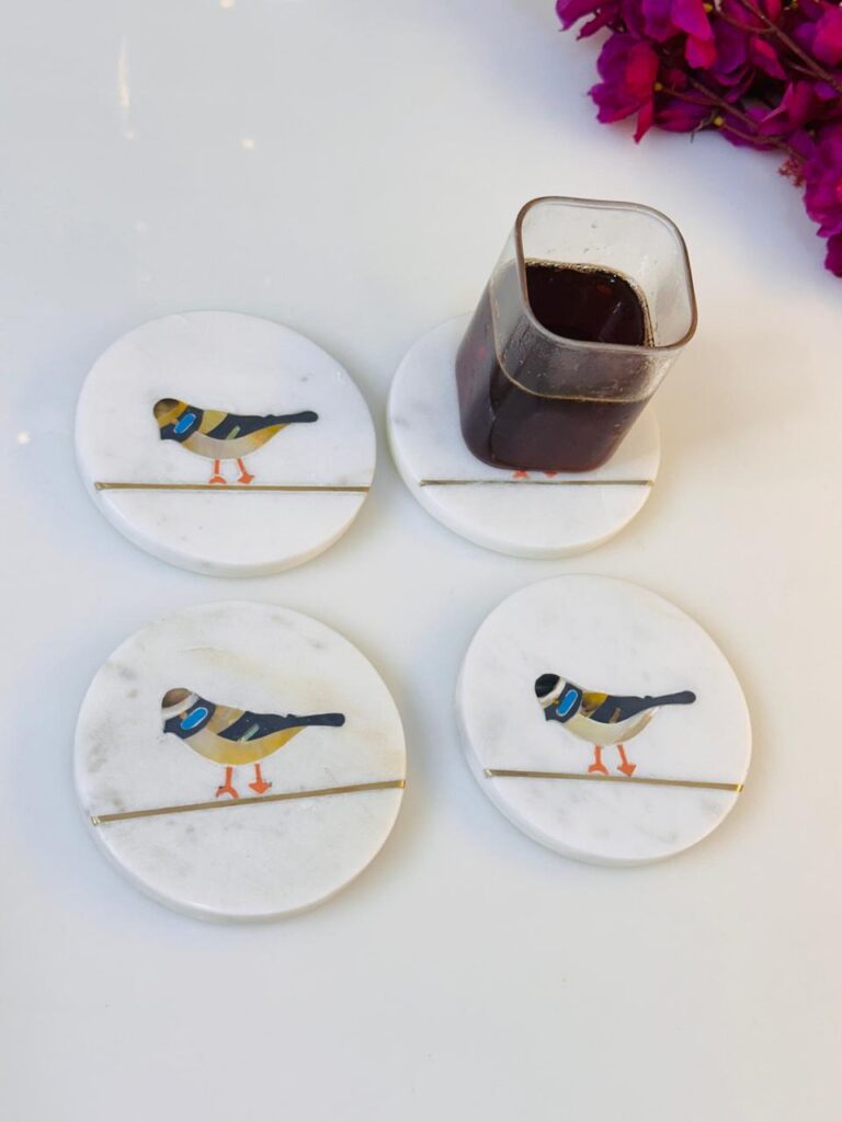 White Marble Coaster Set with Colorful Bird Design & Gold Inlay | Handmade Decor - image 4