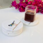 White Marble Coaster Set with Colorful Bird Design & Gold Inlay | Handmade Decor thumbnail