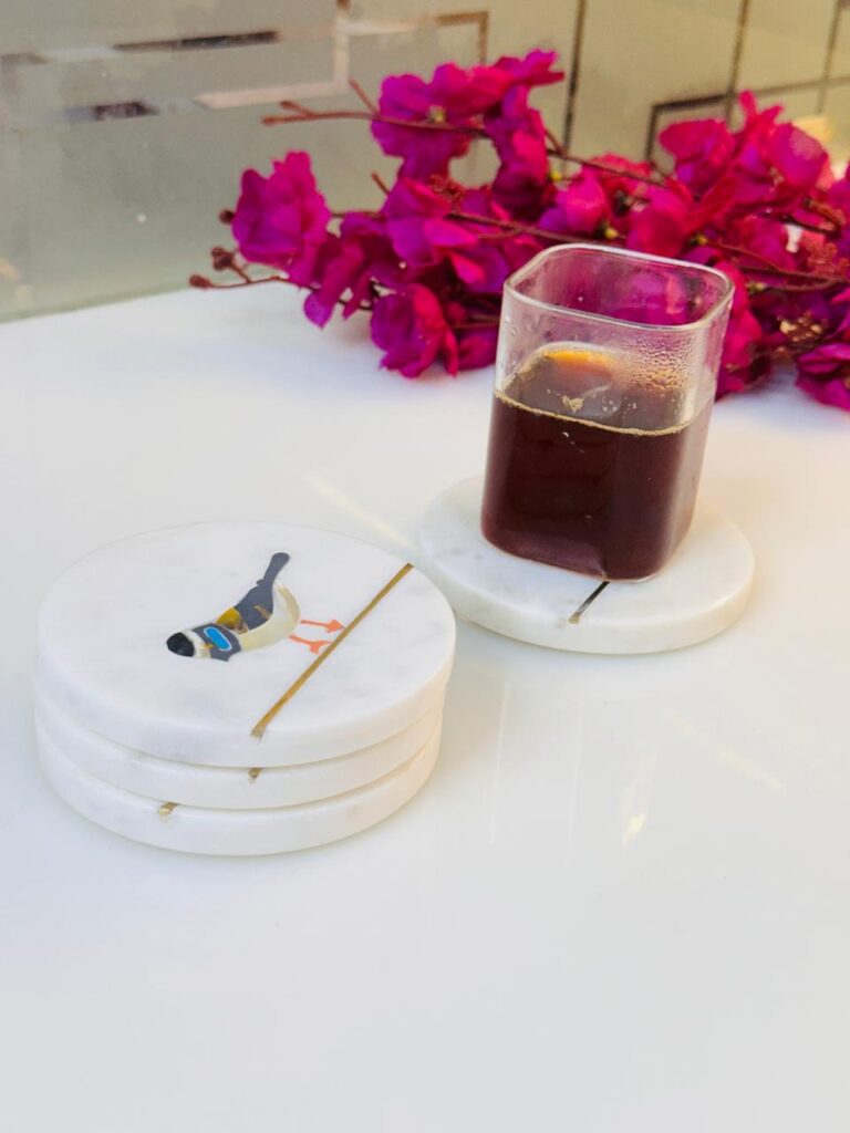 White Marble Coaster Set with Colorful Bird Design & Gold Inlay | Handmade Decor - image 5