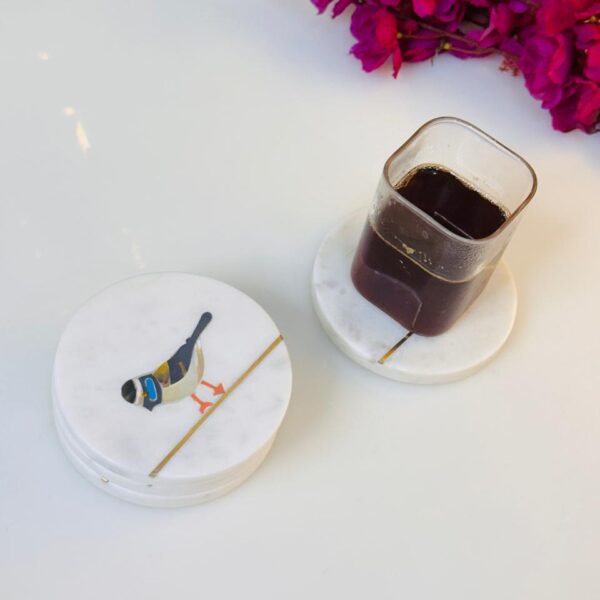 White Marble Coaster Set with Colorful Bird Design & Gold Inlay | Handmade Decor