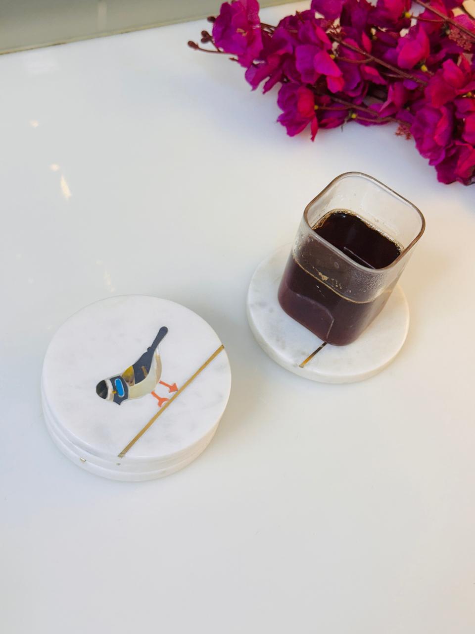 White Marble Coaster Set with Colorful Bird Design & Gold Inlay | Handmade Decor