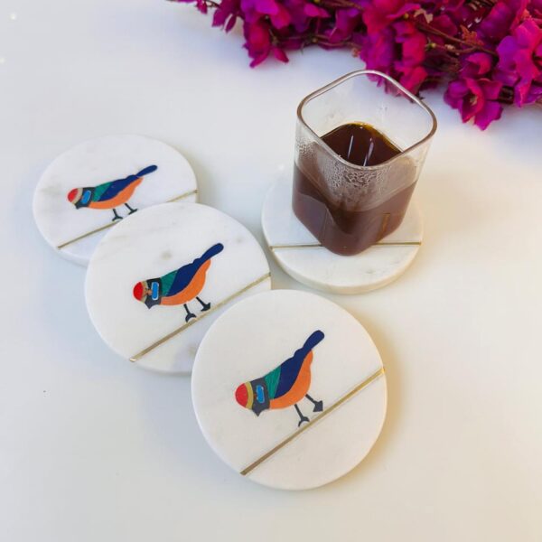 Handcrafted Marble Coasters with Bird Design & Gold Inlay | Table Decor