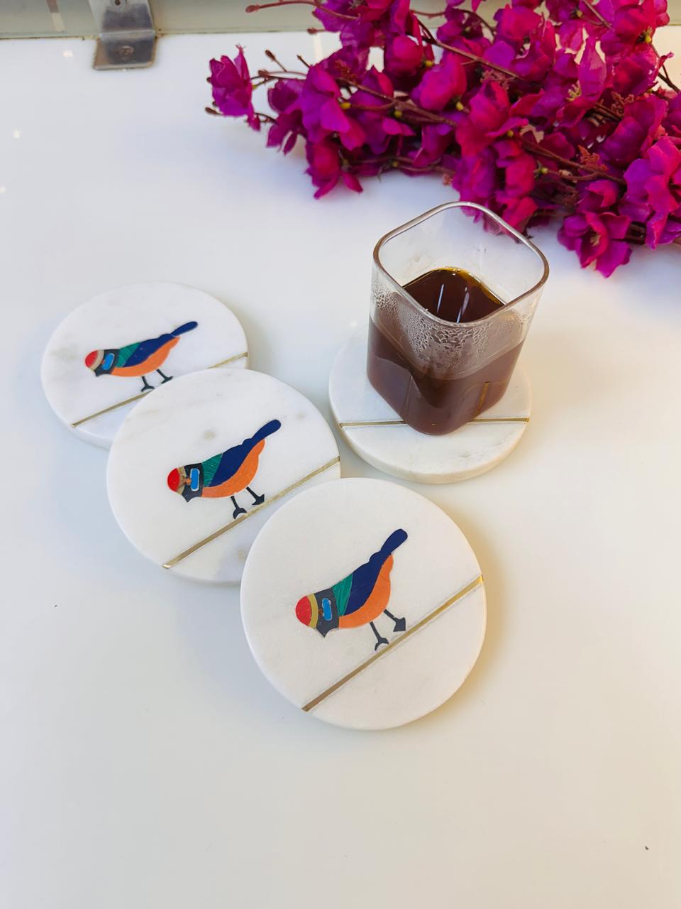 Handcrafted Marble Coasters with Bird Design & Gold Inlay | Table Decor